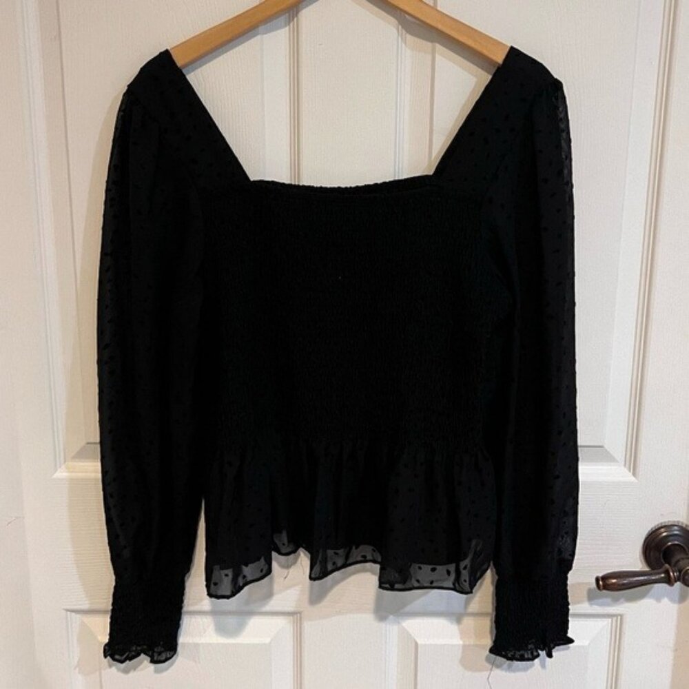 Nine West Blouse Womens XL Black Smocked Peplum Top Sheer Swiss Dot Sleeves